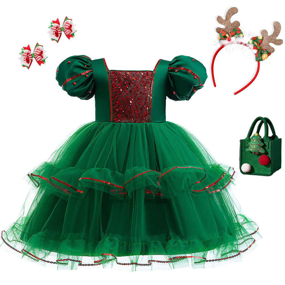 Christmas Dress Skirt Puff Sleeve Sequin Cake Skirt Holiday Mesh Tutu Skirt Party Dress Skirt