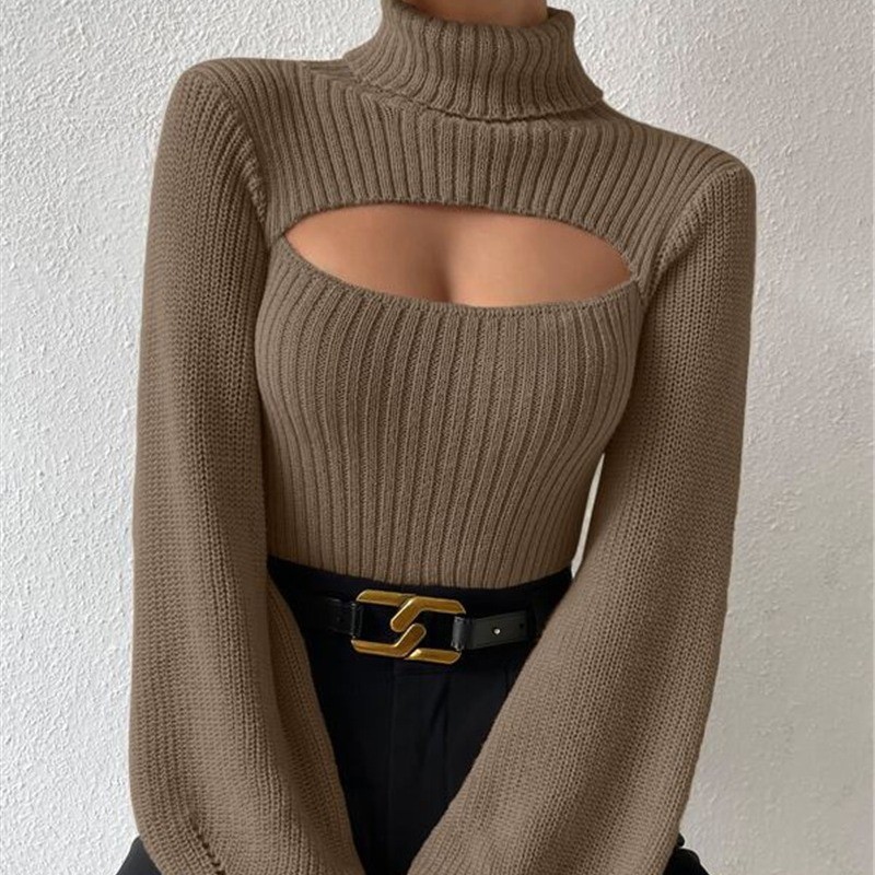 Sexy, spicy, figure-hugging, versatile high-neck, cut-out knitted long-sleeved woman