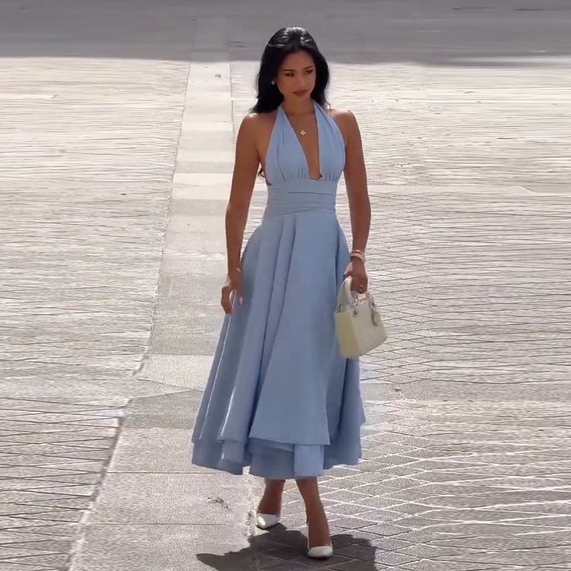 Halter Neck Midi Dress with Dramatic Flair