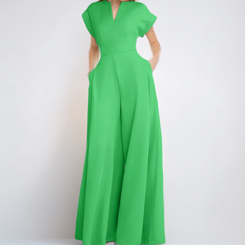 Loose Fashion Elegant Short Sleeve v-Neck Solid Color Wide Leg Jumpsuit