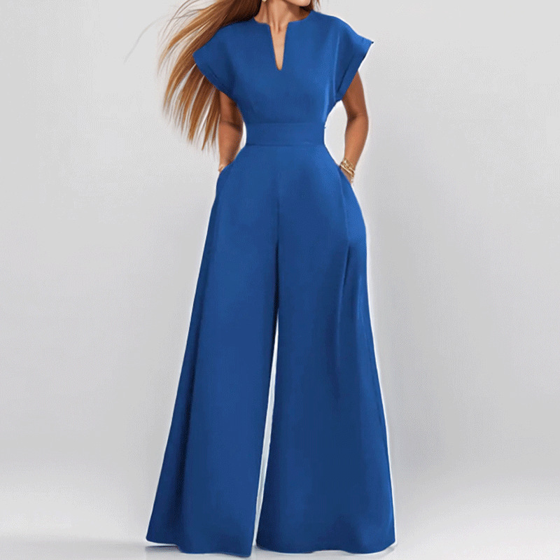Loose Fashion Elegant Short Sleeve v-Neck Solid Color Wide Leg Jumpsuit