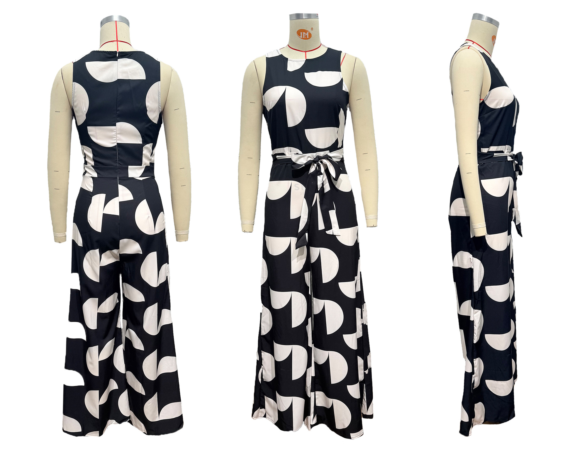 summer fashion temperament round neck printed waist wide leg jumpsuit for women