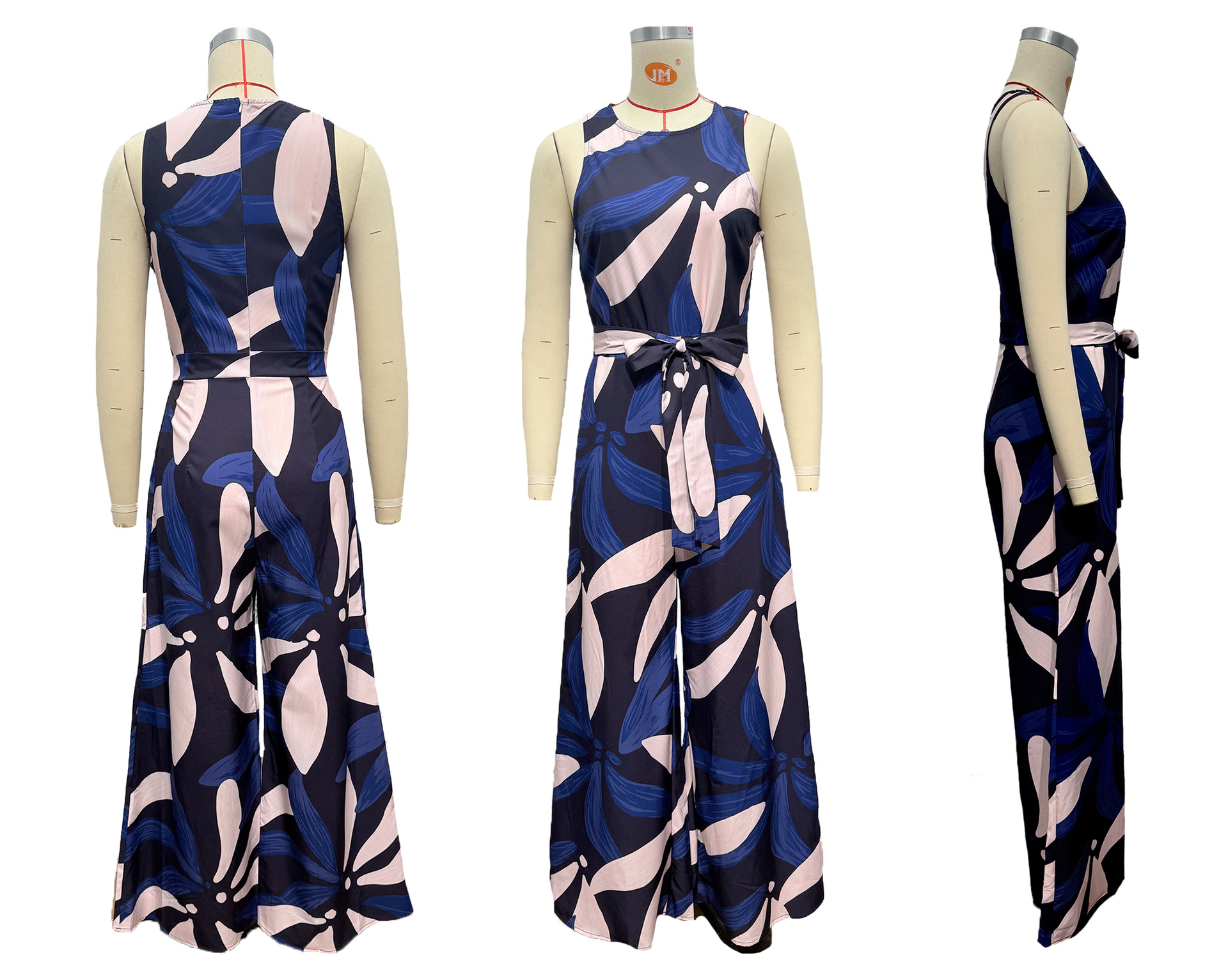 summer fashion temperament round neck printed waist wide leg jumpsuit for women