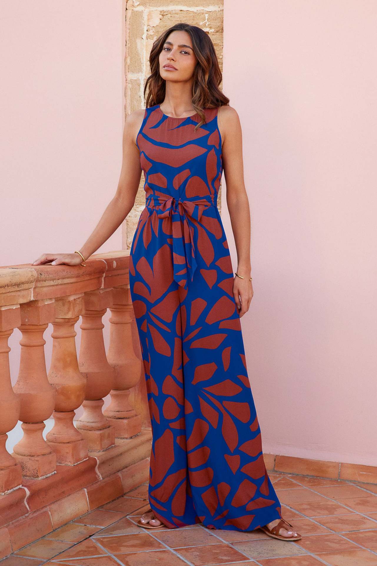 summer fashion temperament round neck printed waist wide leg jumpsuit for women