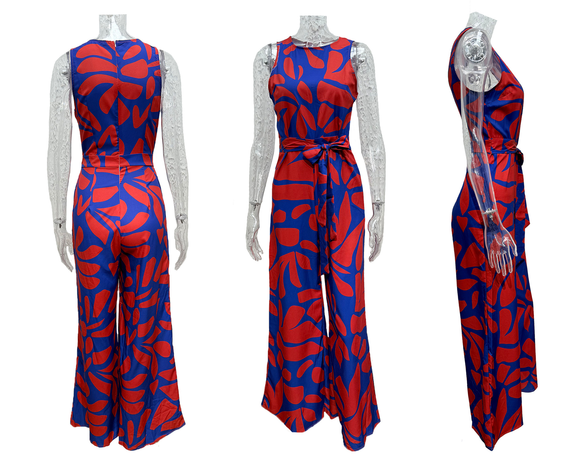 summer fashion temperament round neck printed waist wide leg jumpsuit for women