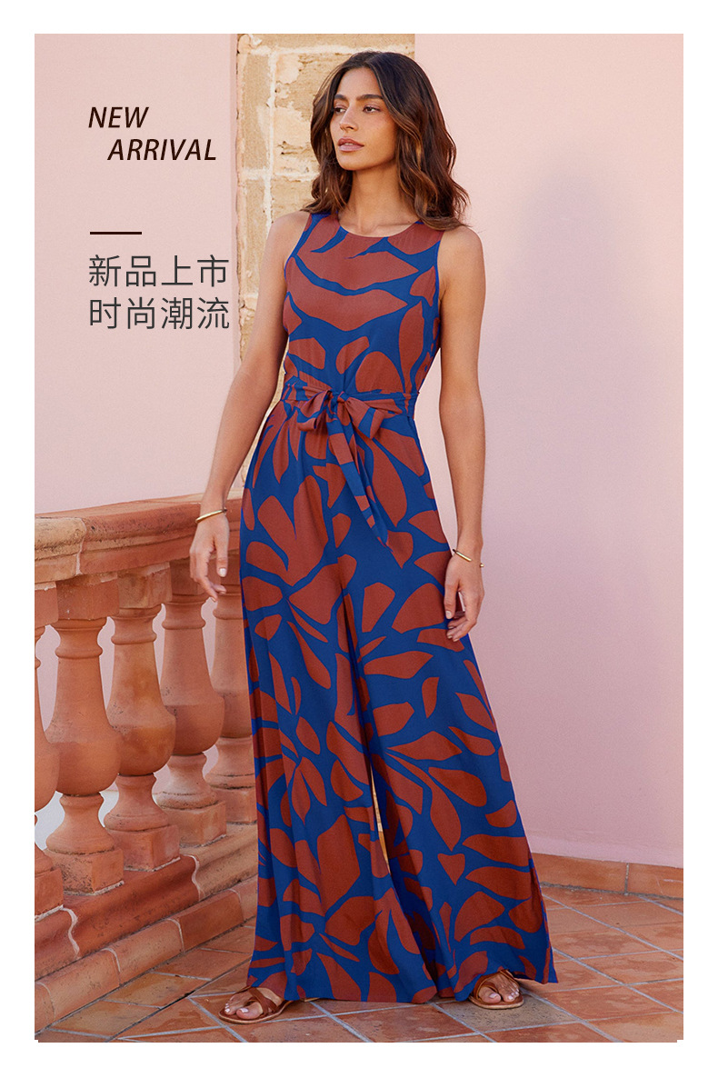 summer fashion temperament round neck printed waist wide leg jumpsuit for women